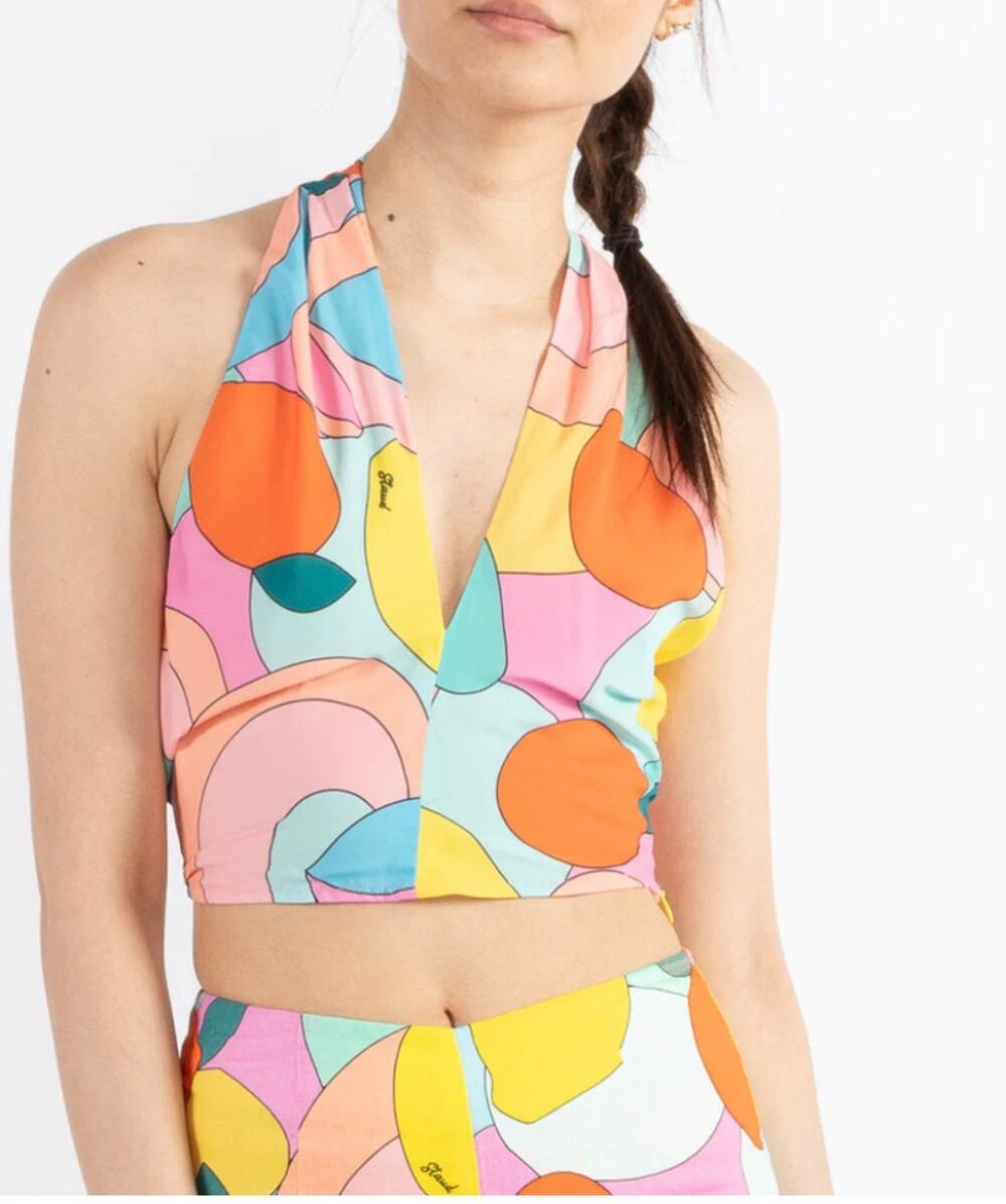 STAUD Kai Twist Halter Top 2 Citrus Kaleidoscope Retro Vintage Crop Keyhole